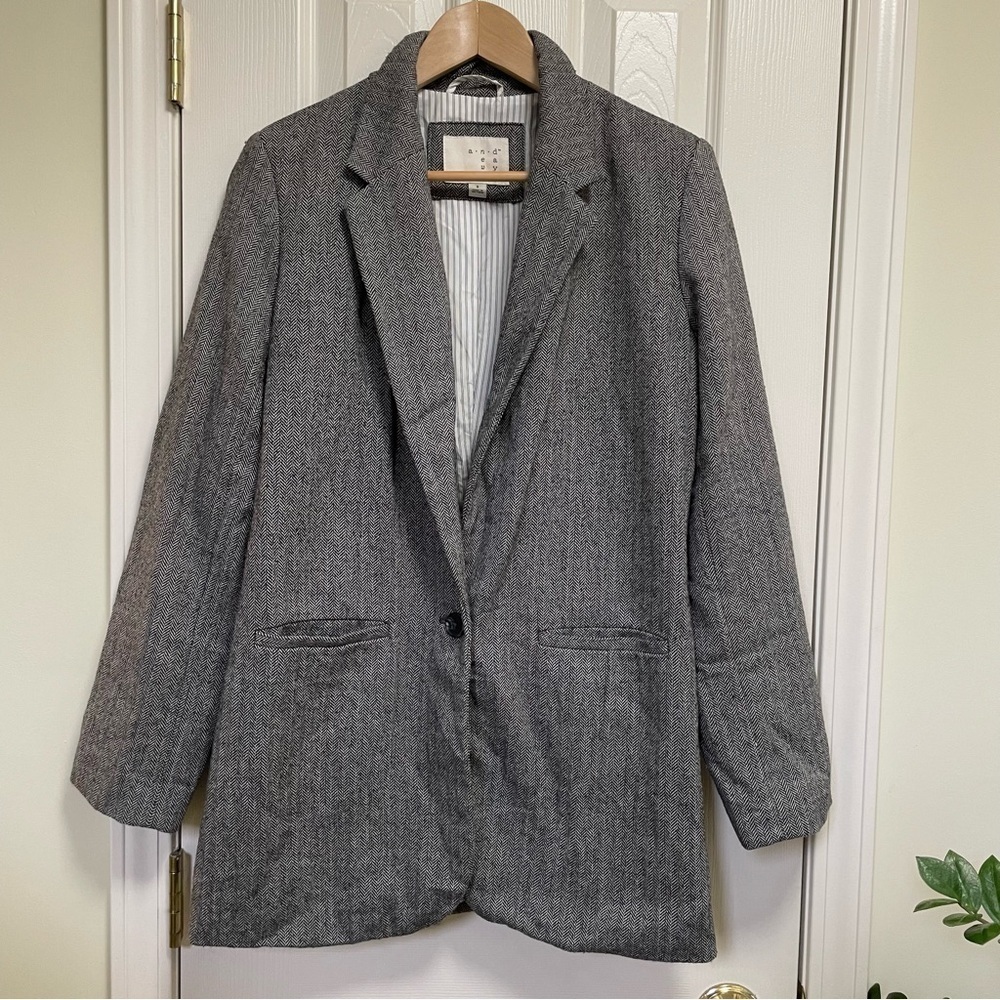 A New Day Women Gray Herringbone Single Breasted One Button Blazer Jacket 8